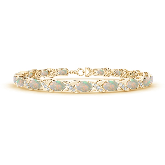 6x4mm AAAA Classic Oval Opal and Diamond XOXO Link Bracelet in Yellow Gold 