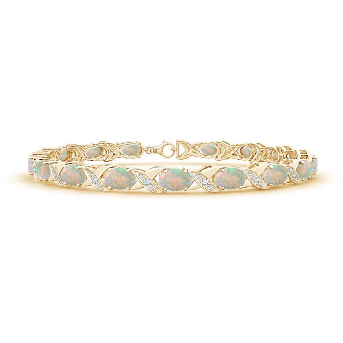 6x4mm AAAA Classic Oval Opal and Diamond XOXO Link Bracelet in Yellow Gold