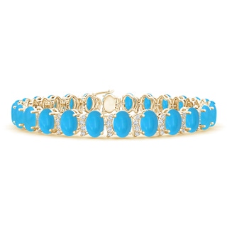 6x4mm AAAA Oval Turquoise Tennis Bracelet with Swirl Diamond Links in Yellow Gold