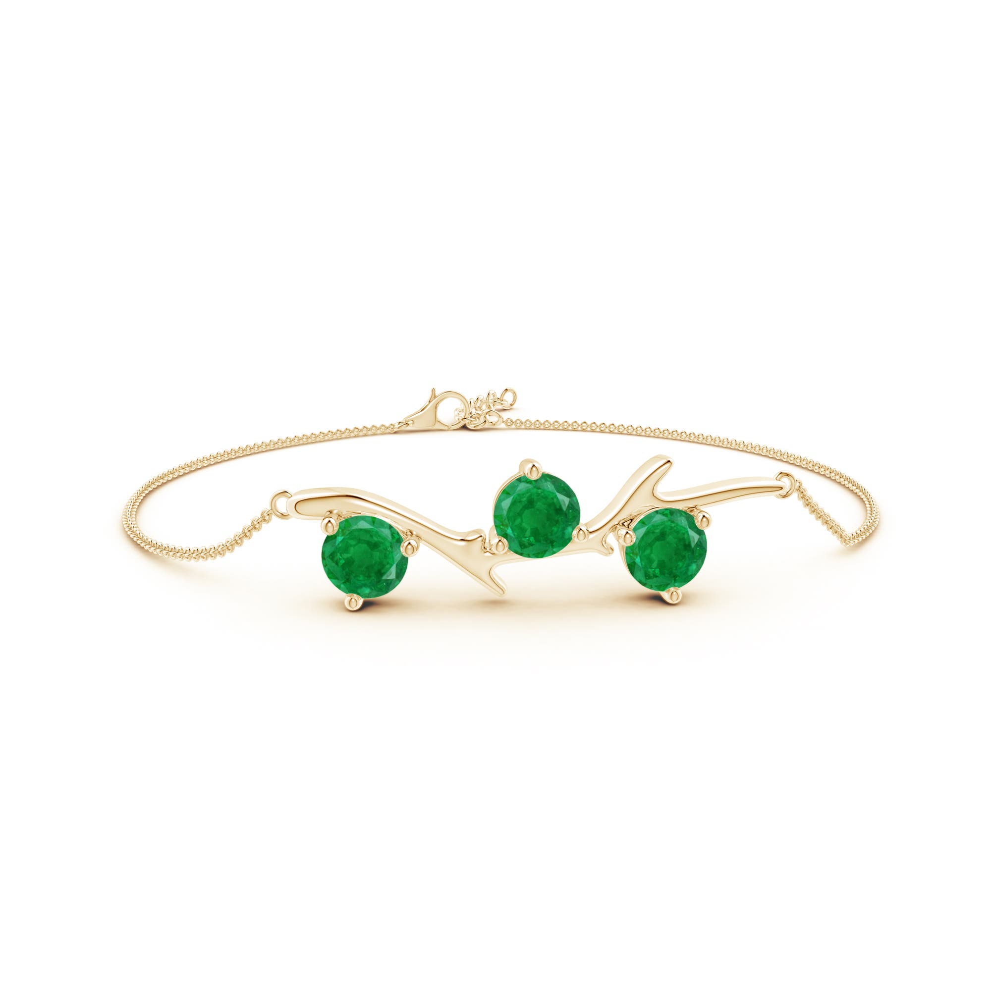 6mm AA Nature Inspired Round Emerald Tree Branch Bracelet in Yellow Gold
