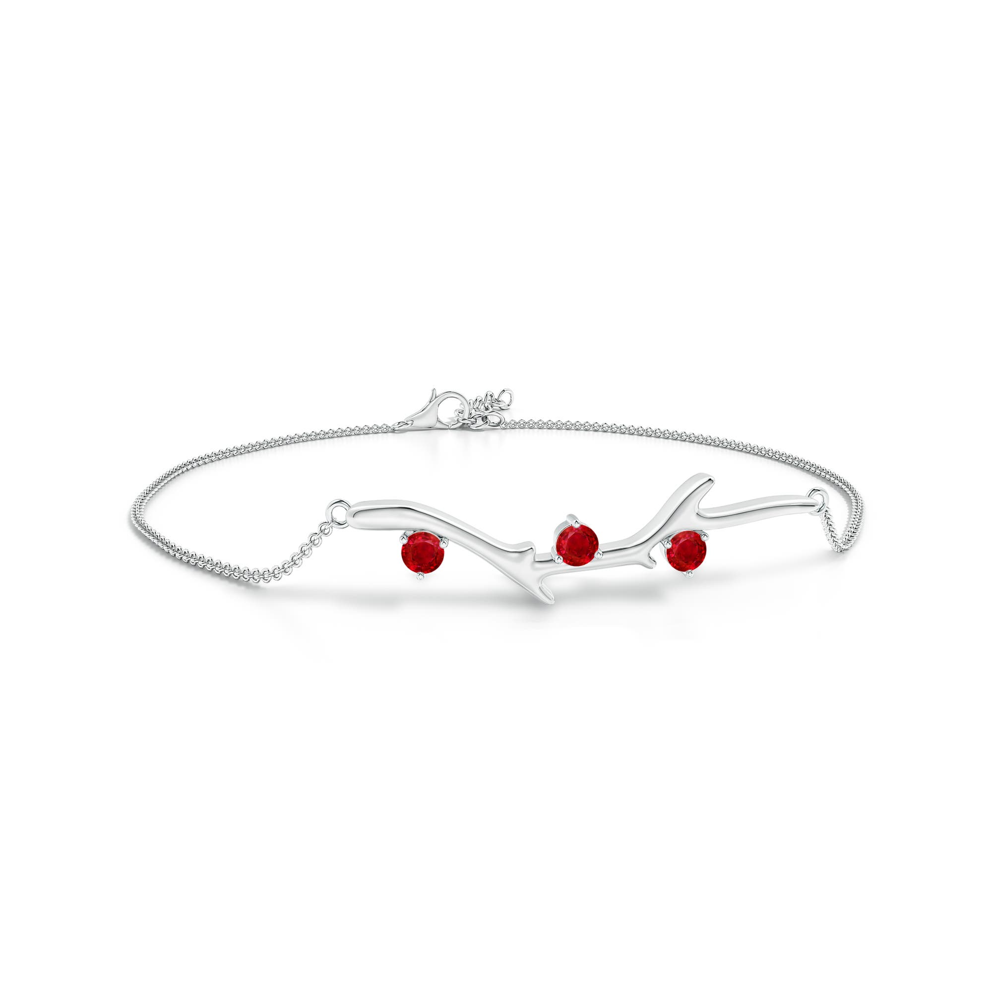 3mm AAA Nature Inspired Round Ruby Tree Branch Bracelet in 18K White Gold