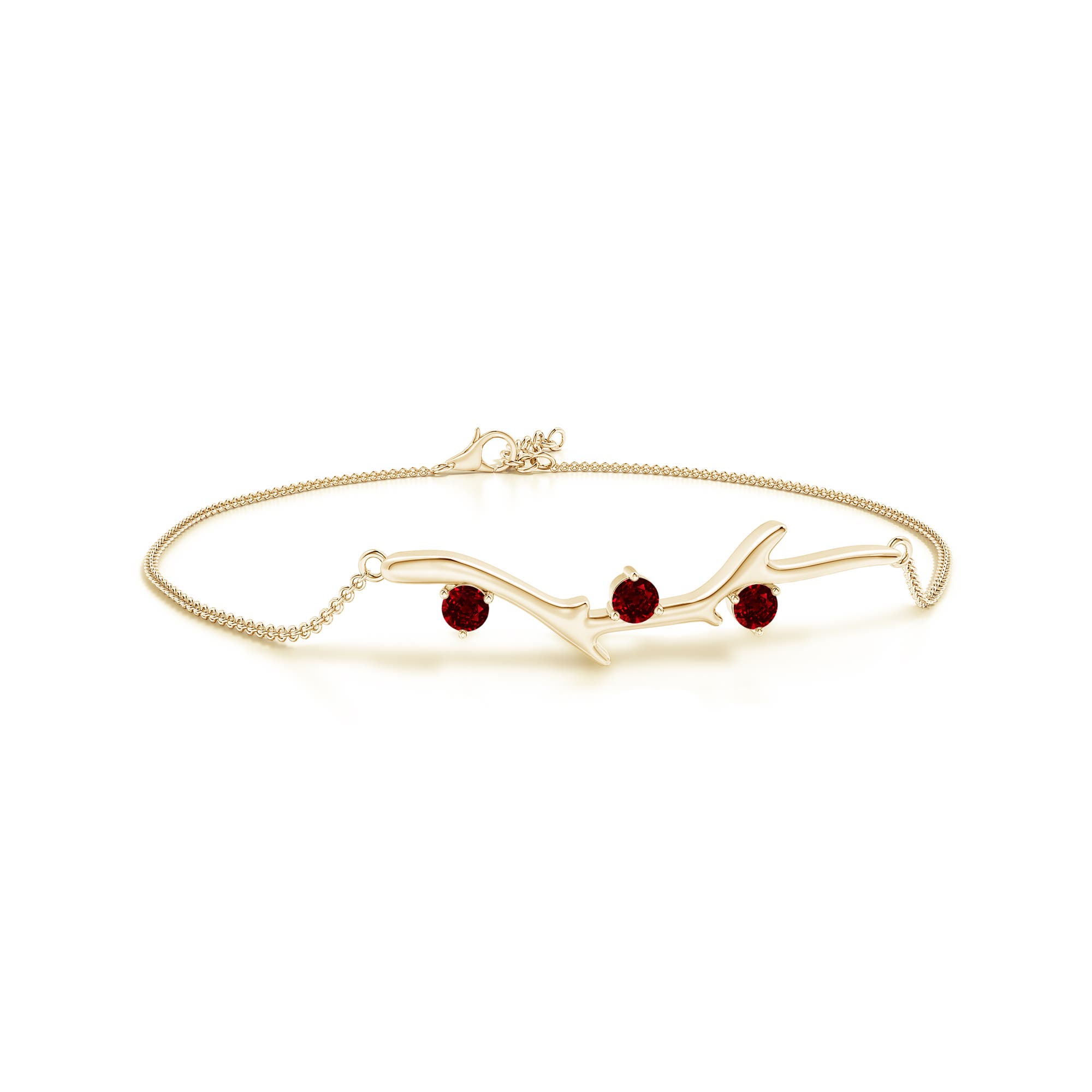 3mm AAAA Nature Inspired Round Ruby Tree Branch Bracelet in 18K Yellow Gold
