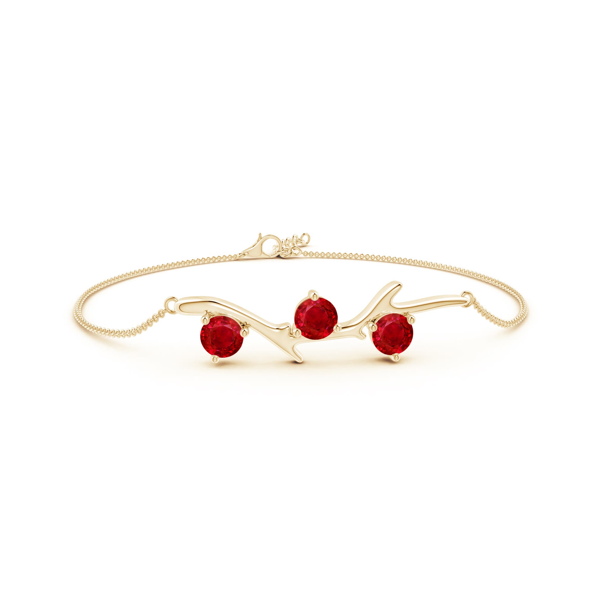 5mm AAA Nature Inspired Round Ruby Tree Branch Bracelet in 18K Yellow Gold