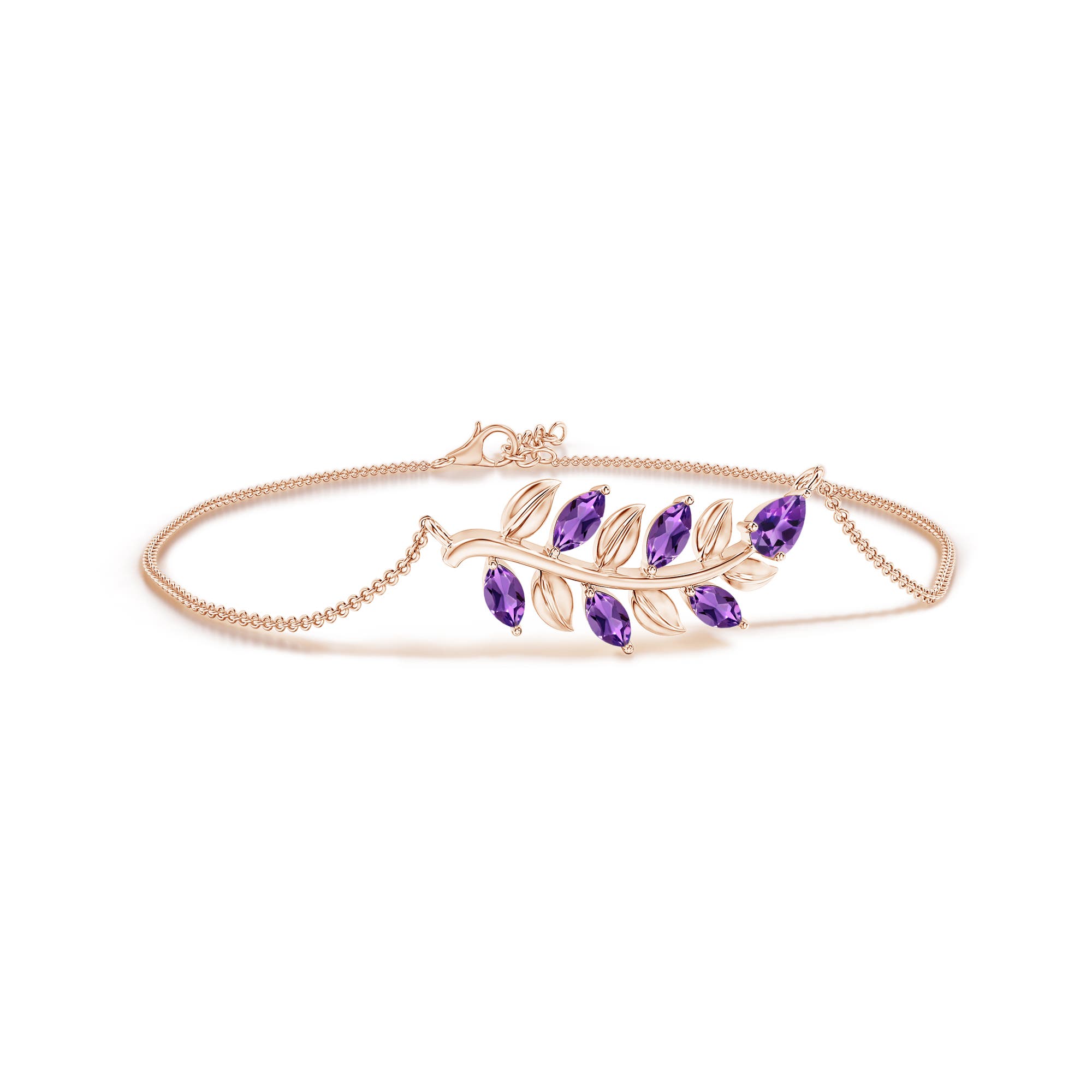 5x3mm AAA Pear and Marquise Amethyst Olive Branch Bracelet in Rose Gold