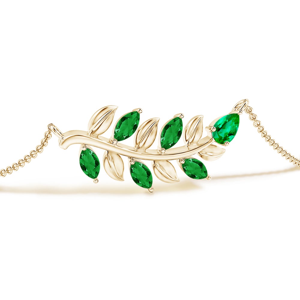 5x3mm AAA Pear and Marquise Emerald Olive Branch Bracelet in Yellow Gold - side 1