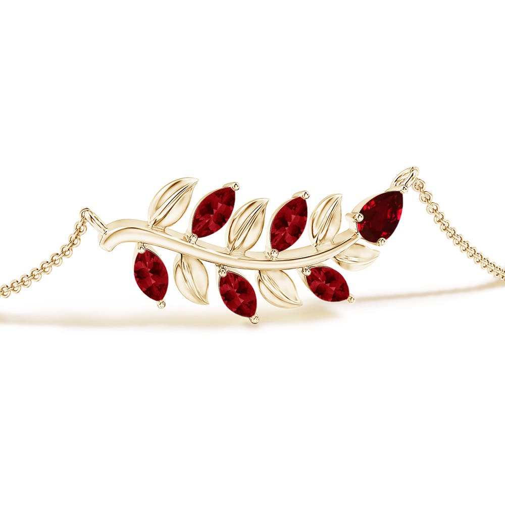 5x3mm AAAA Pear and Marquise Ruby Olive Branch Bracelet in Yellow Gold - side 1