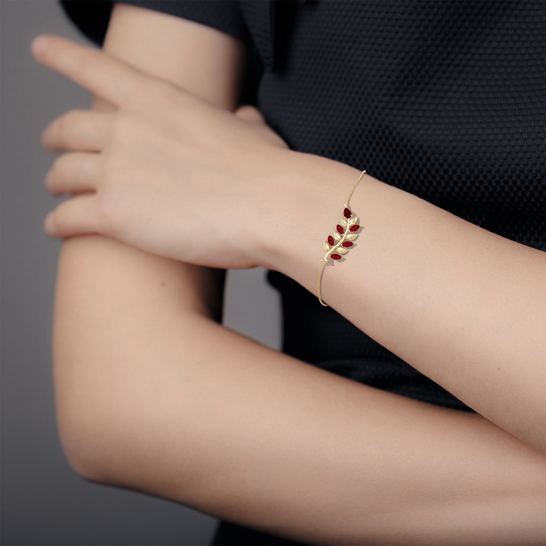 5x3mm AAAA Pear and Marquise Ruby Olive Branch Bracelet in Yellow Gold - body_view 4