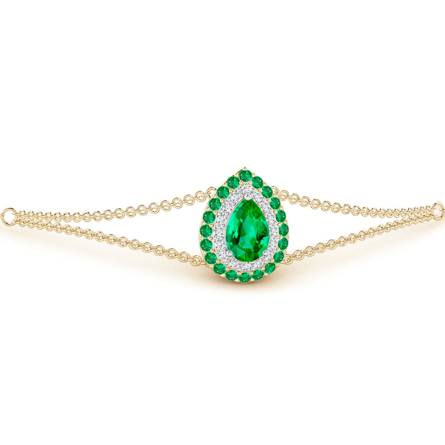 6x4mm AAA Pear-Shaped Emerald Bracelet with Double Halo in Yellow Gold White Gold - side 1