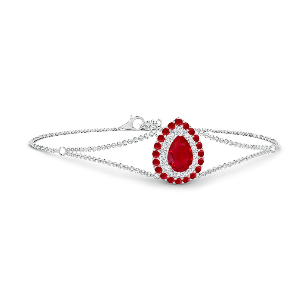 7x5mm AAA Pear-Shaped Ruby Bracelet with Double Halo in 9K White Gold