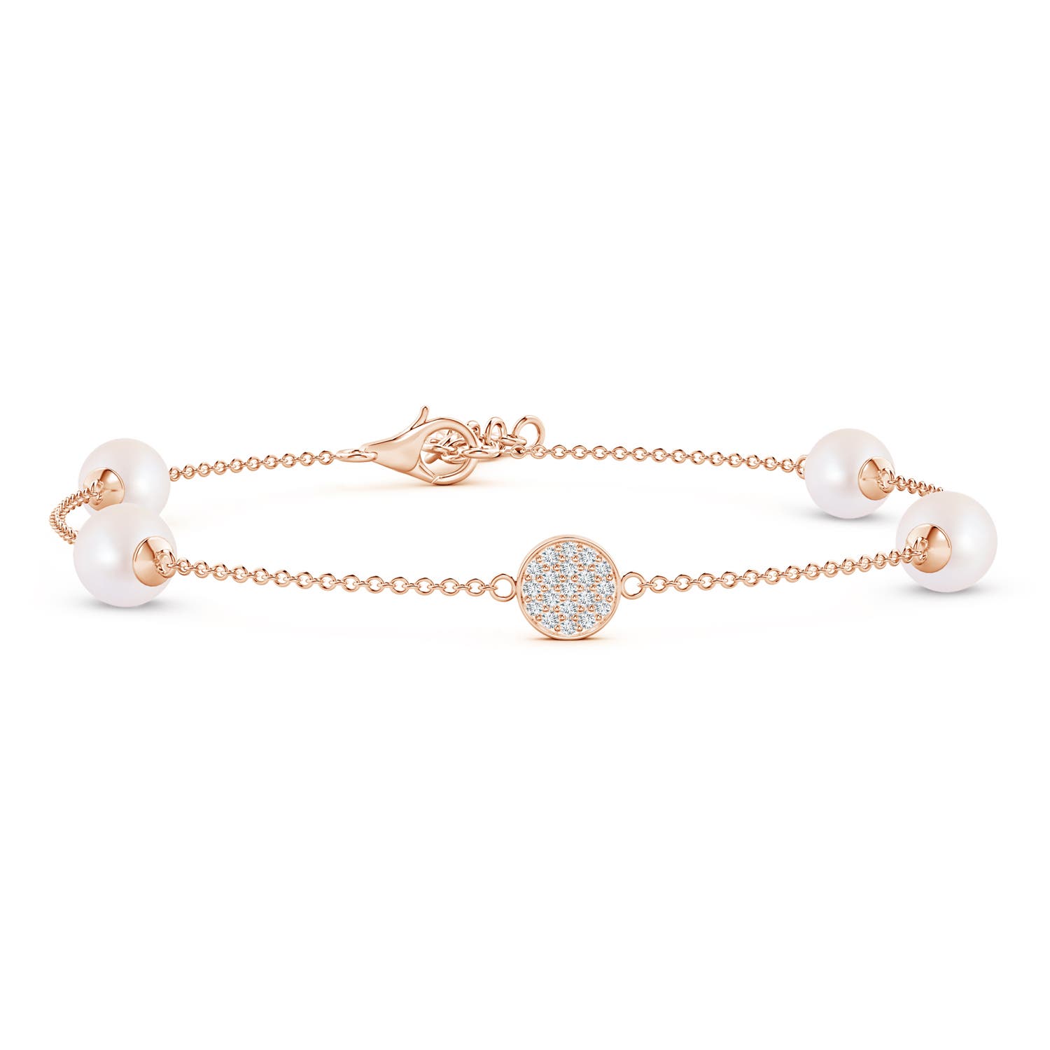 6mm AA Japanese Akoya Pearl Bracelet with Pavé-Set Diamond Disc in 18K Rose Gold