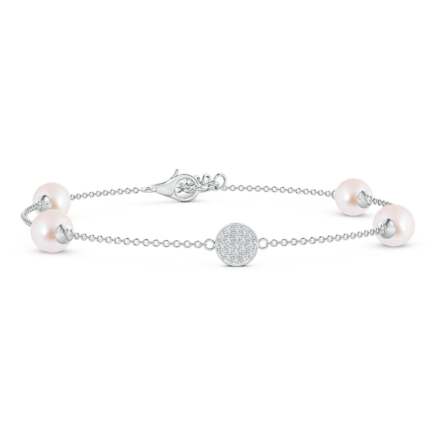 6mm AAA Japanese Akoya Pearl Bracelet with Pavé-Set Diamond Disc in 18K White Gold