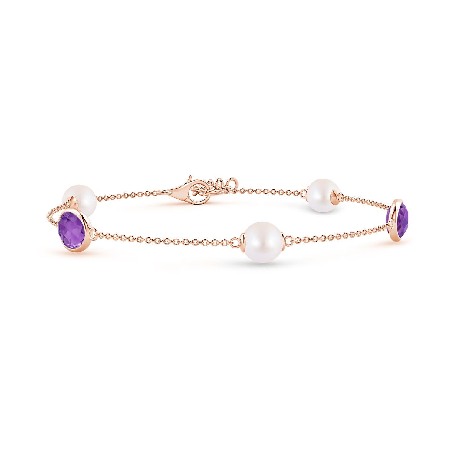 6mm AA Japanese Akoya Pearl & Oval Amethyst Bracelet in Rose Gold