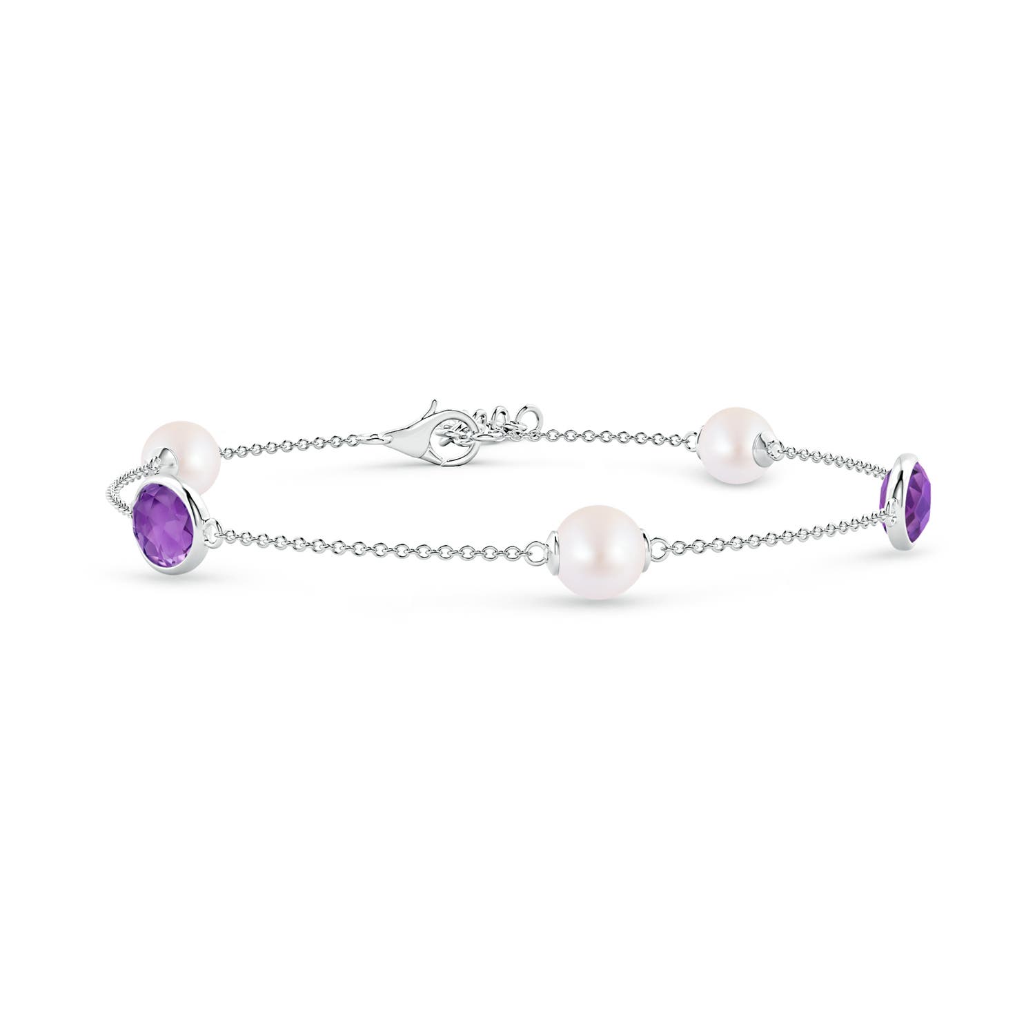 Armband aus Weißgold mit 6 mm AA-japanischer Akoya-Perle und ovalem Amethyst