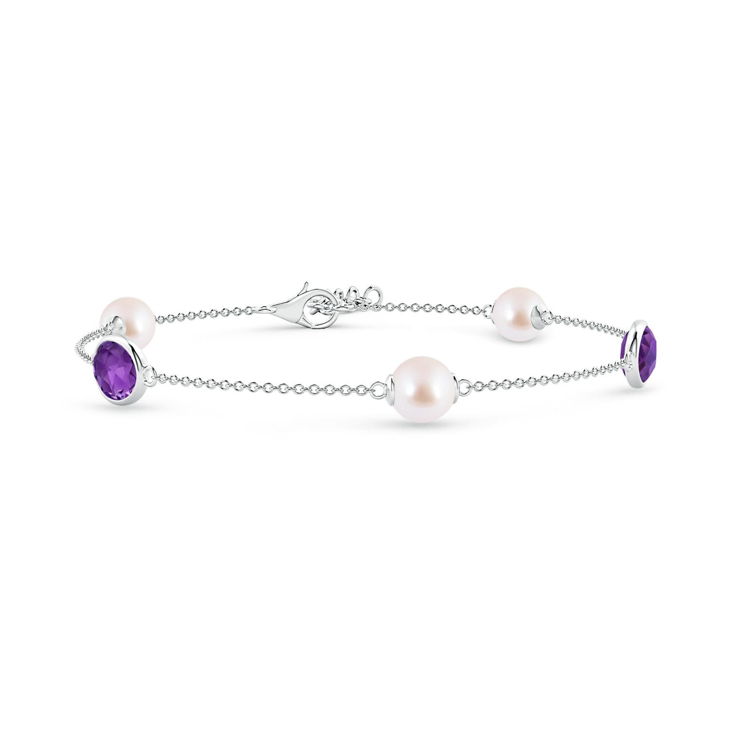 6mm AAA Japanese Akoya Pearl & Oval Amethyst Bracelet in 18K White Gold
