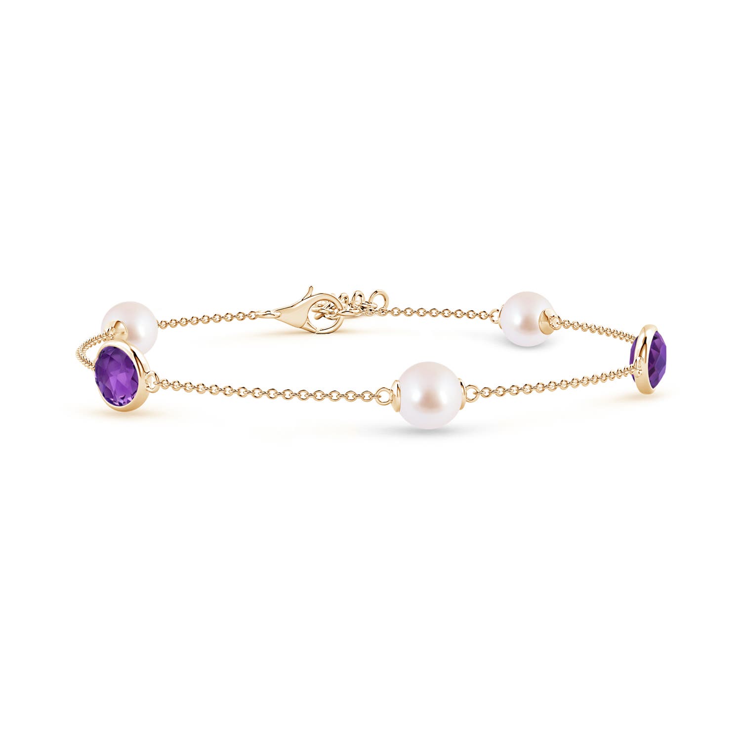6mm AAA Japanese Akoya Pearl & Oval Amethyst Bracelet in Yellow Gold
