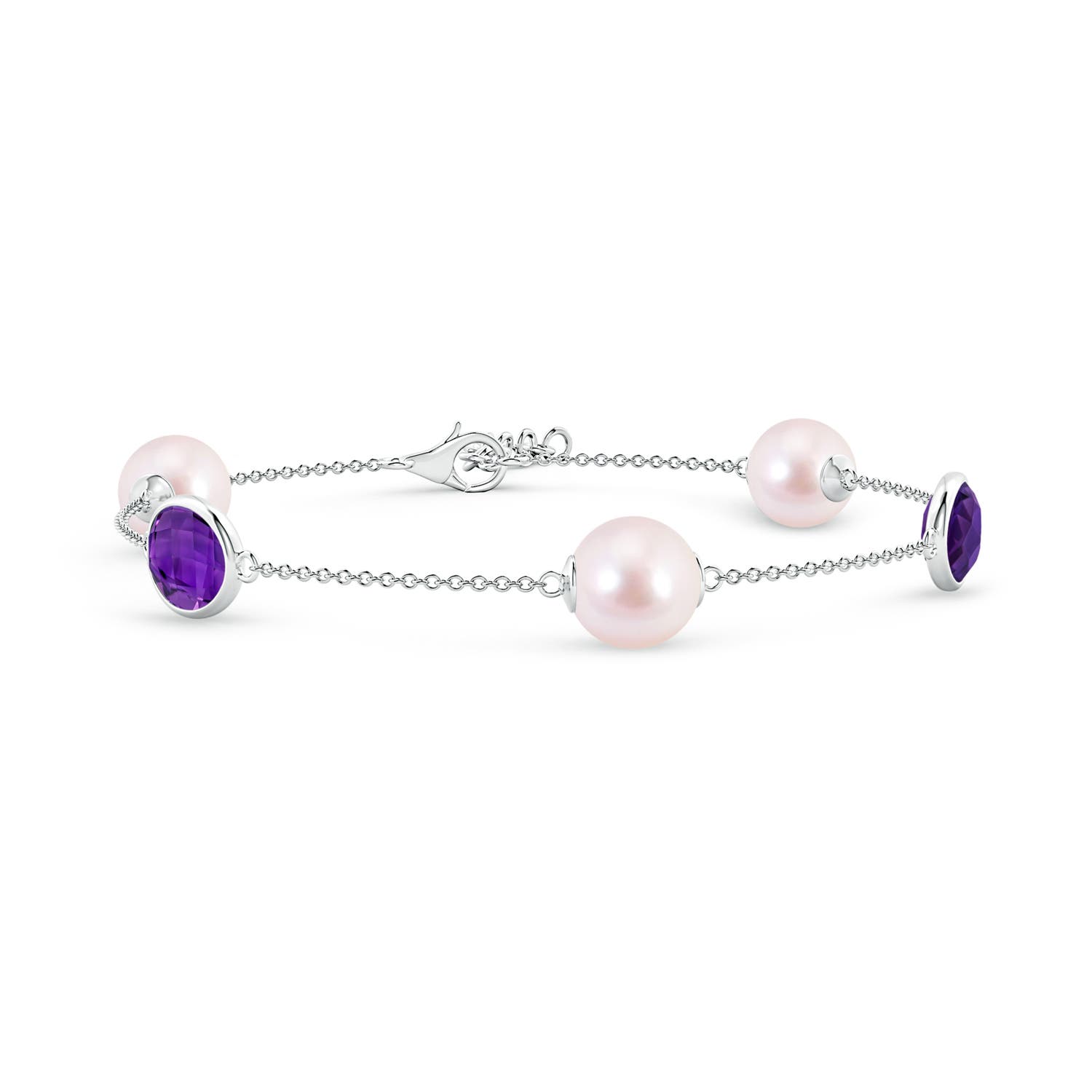 8mm AAAA Japanese Akoya Pearl & Oval Amethyst Bracelet in White Gold
