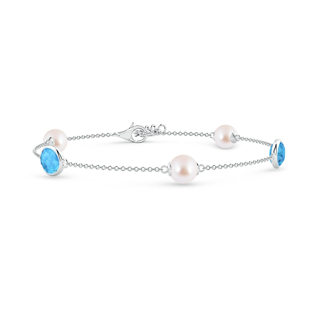 6mm AAA Japanese Akoya Pearl & Oval Swiss Blue Topaz Bracelet in White Gold