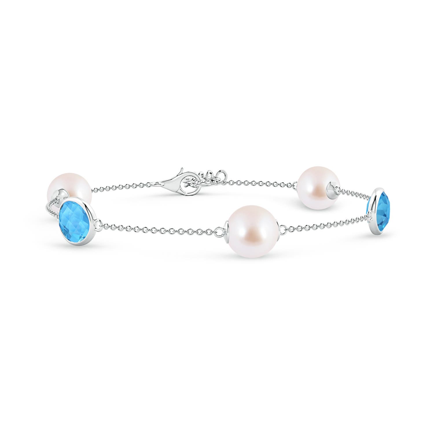 8mm AAA Japanese Akoya Pearl & Oval Swiss Blue Topaz Bracelet in White Gold