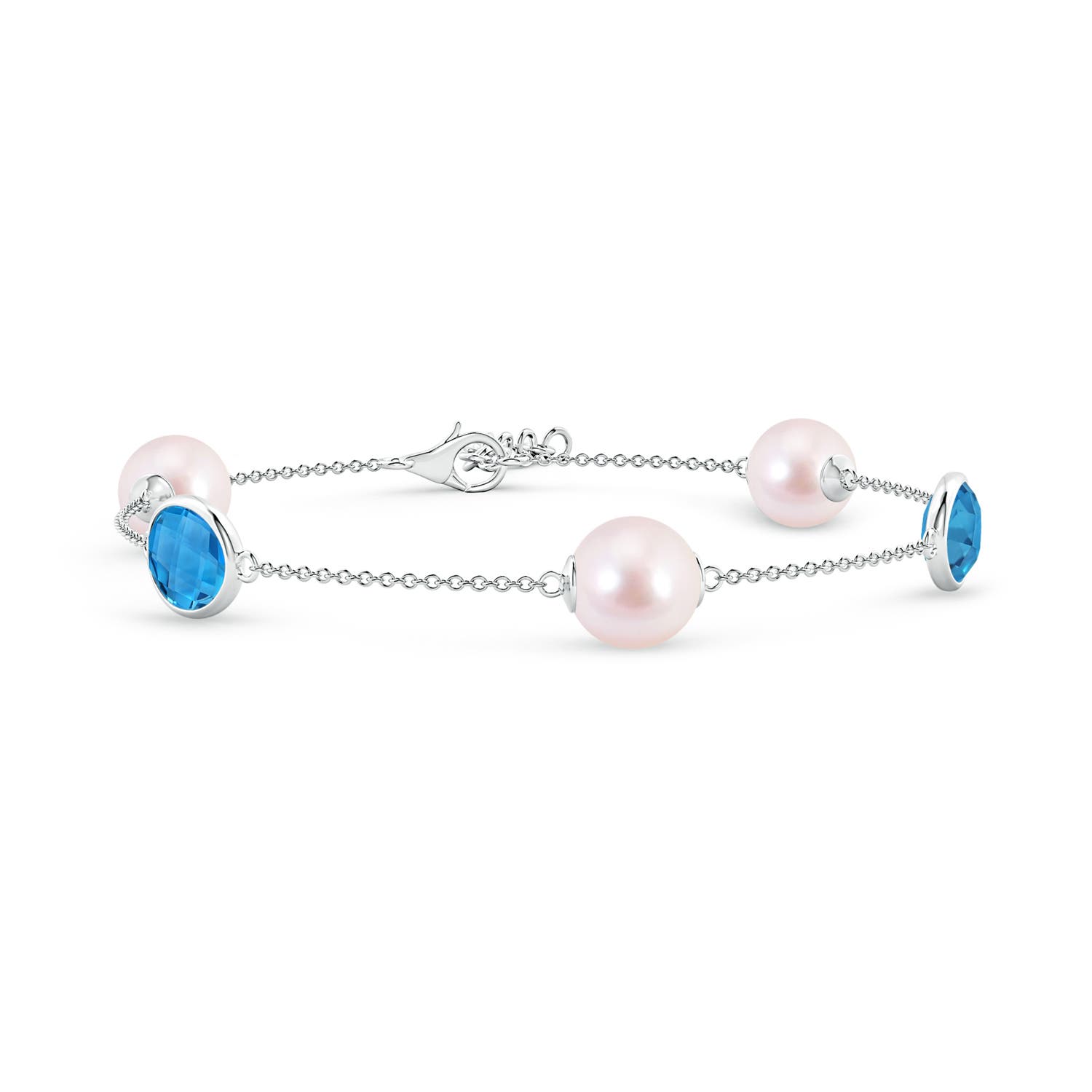 8mm AAAA Japanese Akoya Pearl & Oval Swiss Blue Topaz Bracelet in White Gold