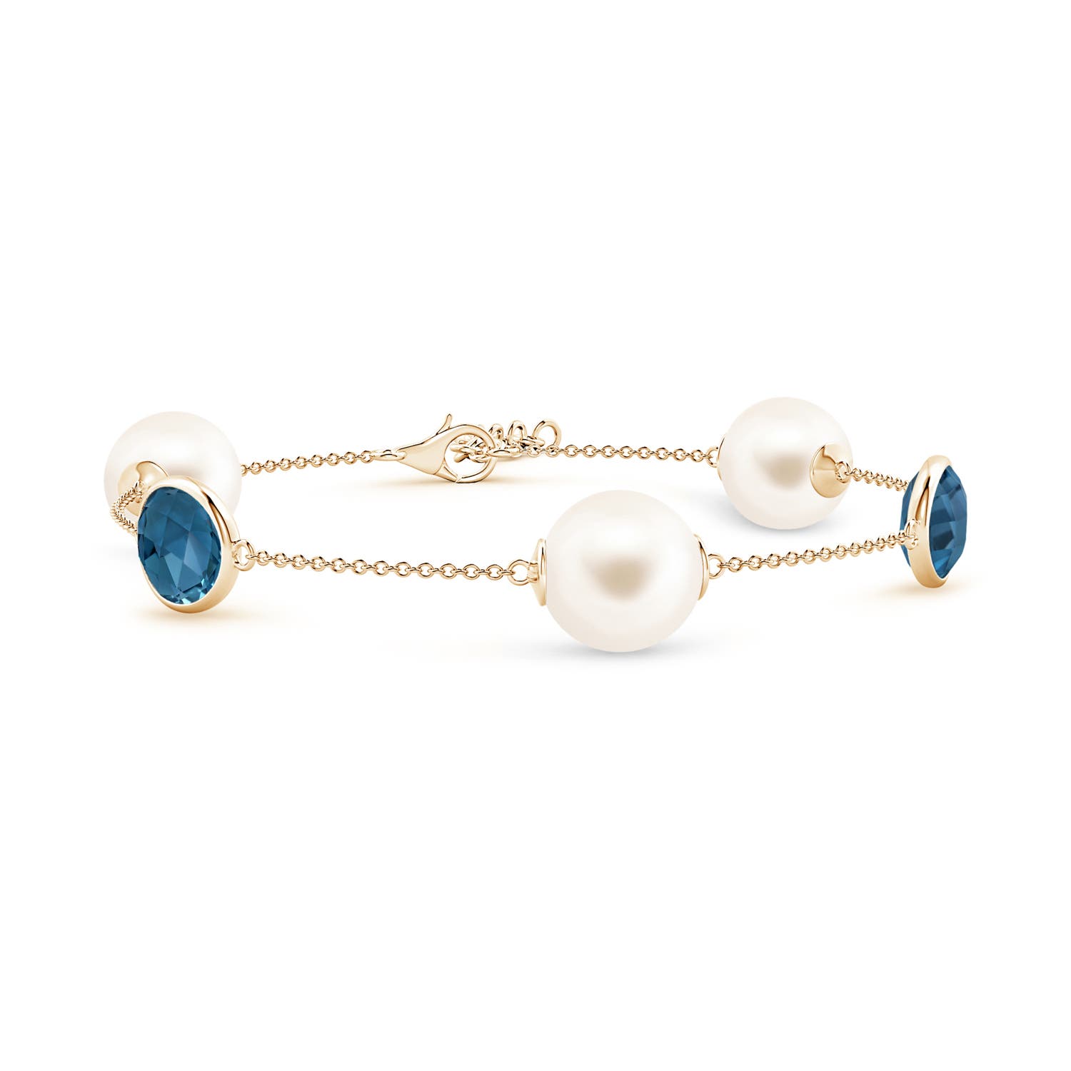 10mm AAA Freshwater Pearl & Oval London Blue Topaz Bracelet in 18K Yellow Gold