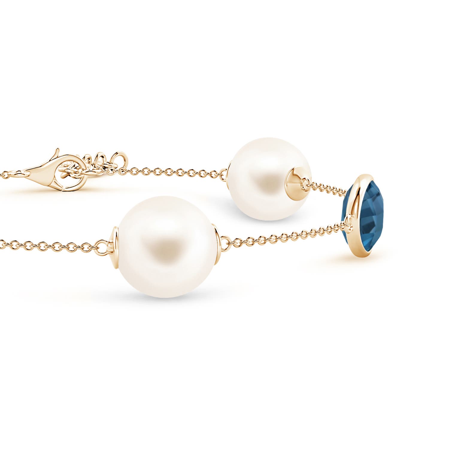 10mm AAA Freshwater Pearl & Oval London Blue Topaz Bracelet in 18K Yellow Gold