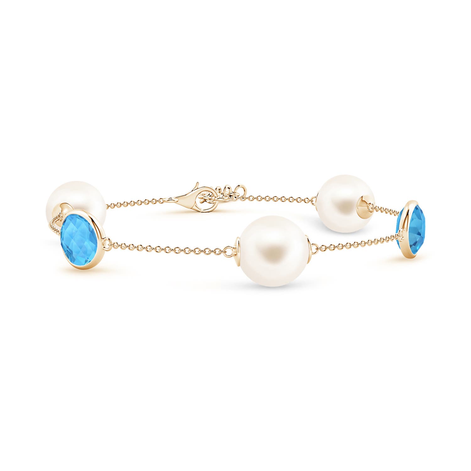 10mm AAA Freshwater Pearl & Oval Swiss Blue Topaz Bracelet in Yellow Gold