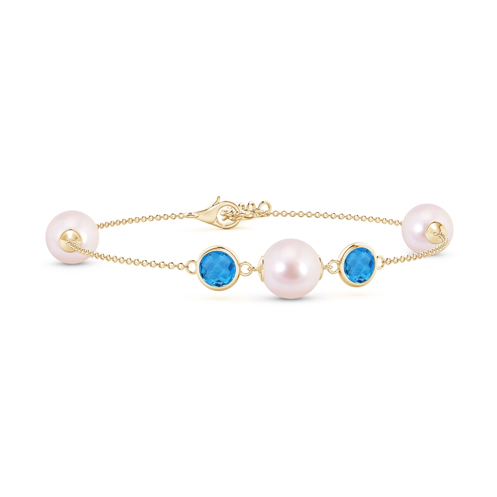 8mm AAAA Japanese Akoya Pearl and Swiss Blue Topaz Bracelet in Yellow Gold