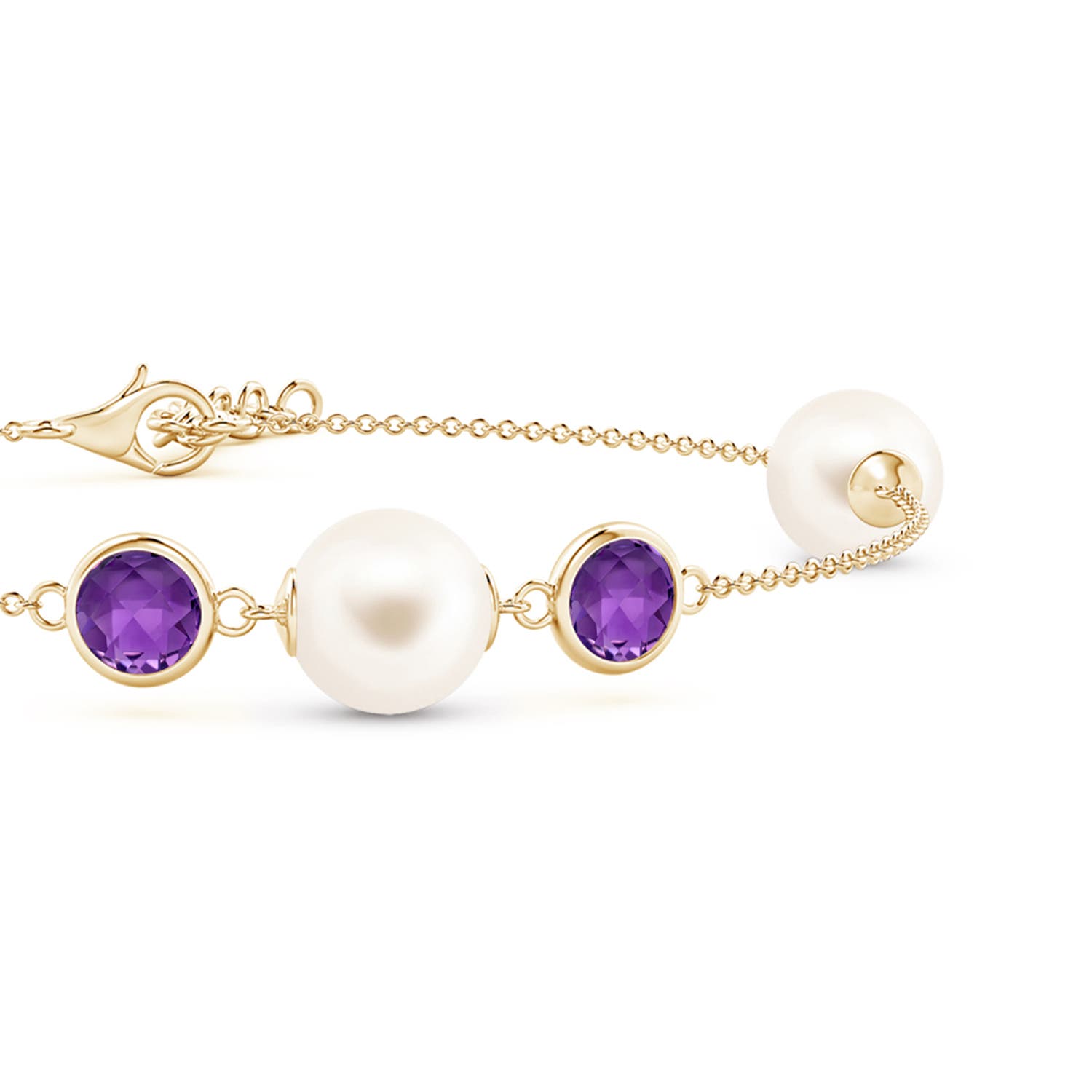 8mm AAA Freshwater Pearl and Amethyst Bracelet in Yellow Gold