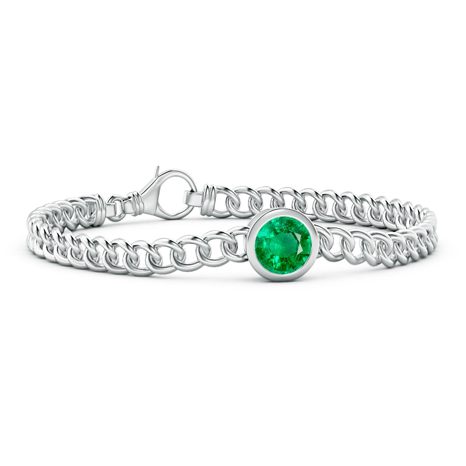 8mm AAA Bezel-Set Round Emerald Chain Bracelet in White Gold