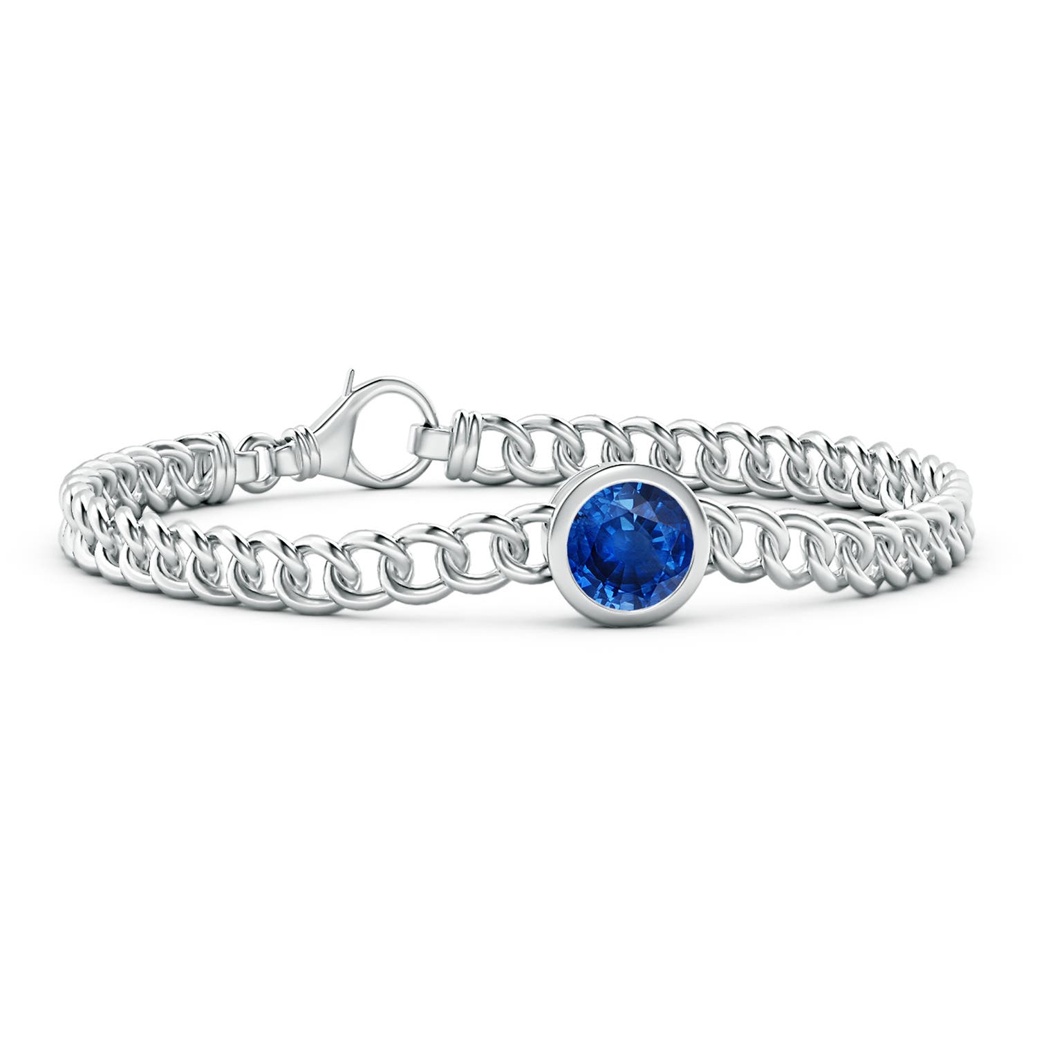 8mm AAA Bezel-Set Round Blue Sapphire Chain Bracelet in White Gold