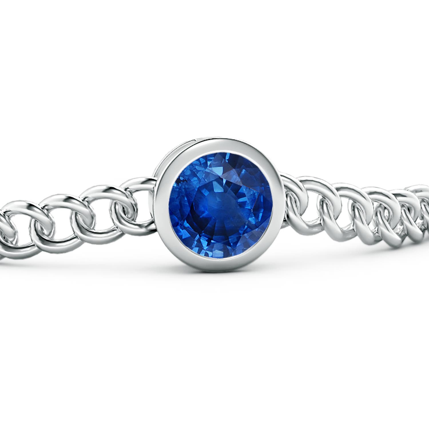 9mm AAA Bezel-Set Round Blue Sapphire Chain Bracelet in White Gold - side 2