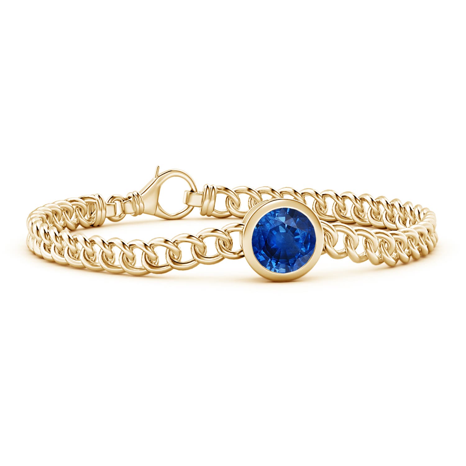 9mm AAA Bezel-Set Round Blue Sapphire Chain Bracelet in Yellow Gold