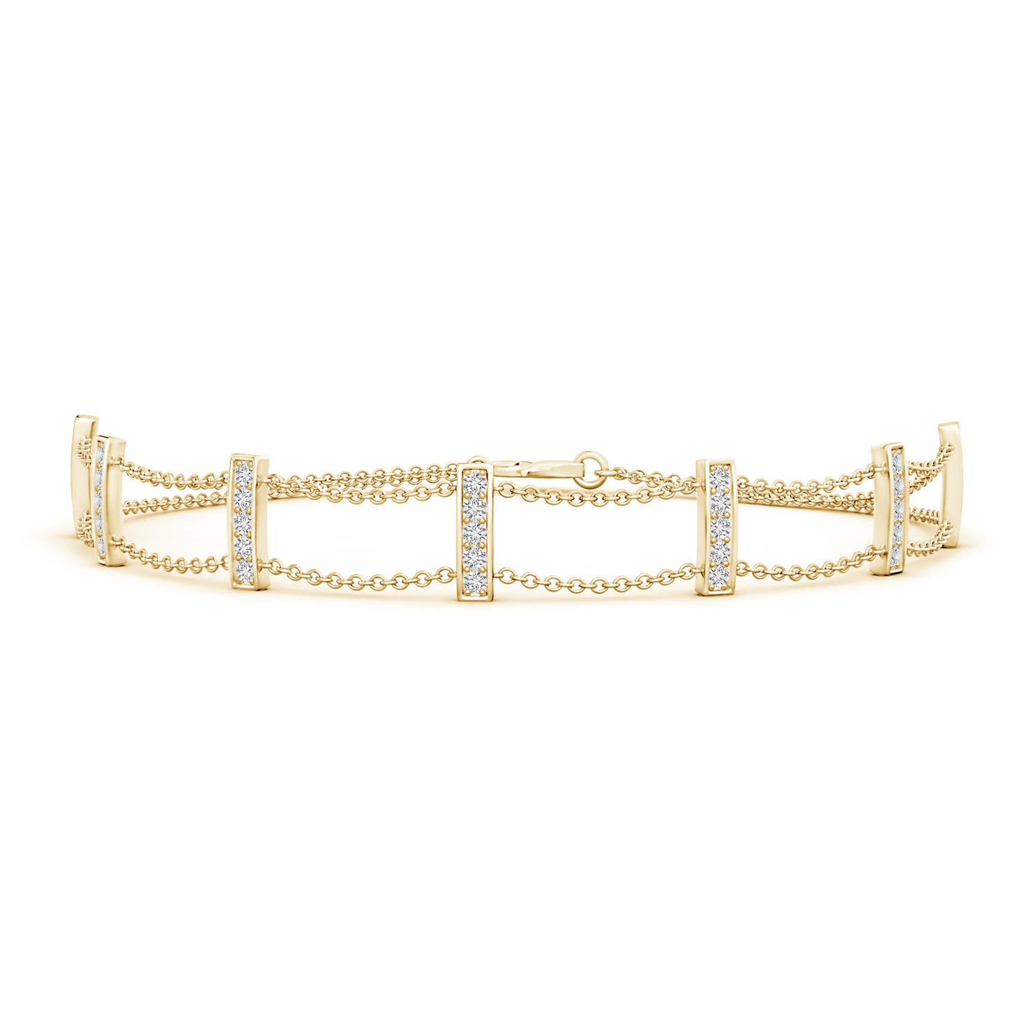 1.3mm HSI2 Pave-Set Round Diamond Double Chain Bar Bracelet in Yellow Gold