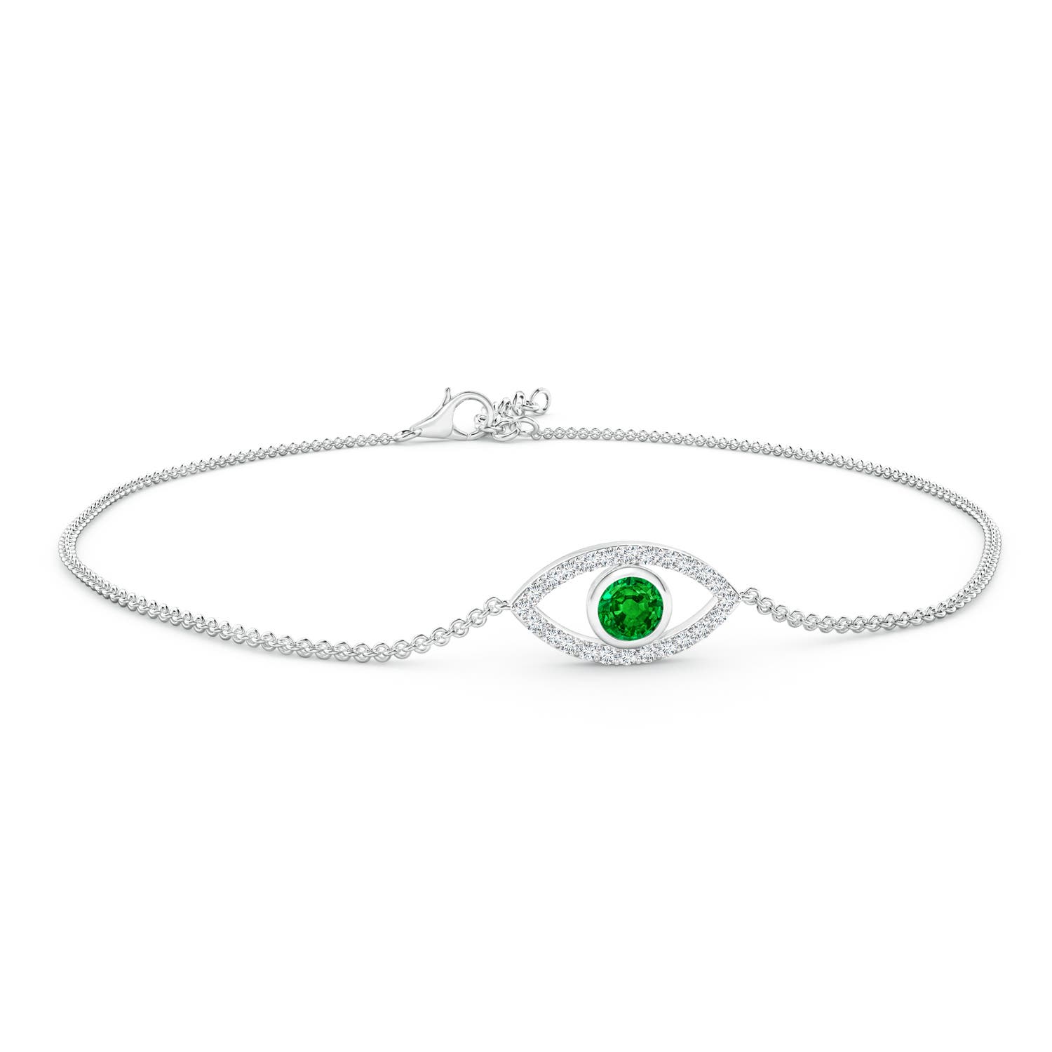 3.5mm AAAA Bezel-Set Emerald and Diamond Evil Eye Bracelet in 18K White Gold