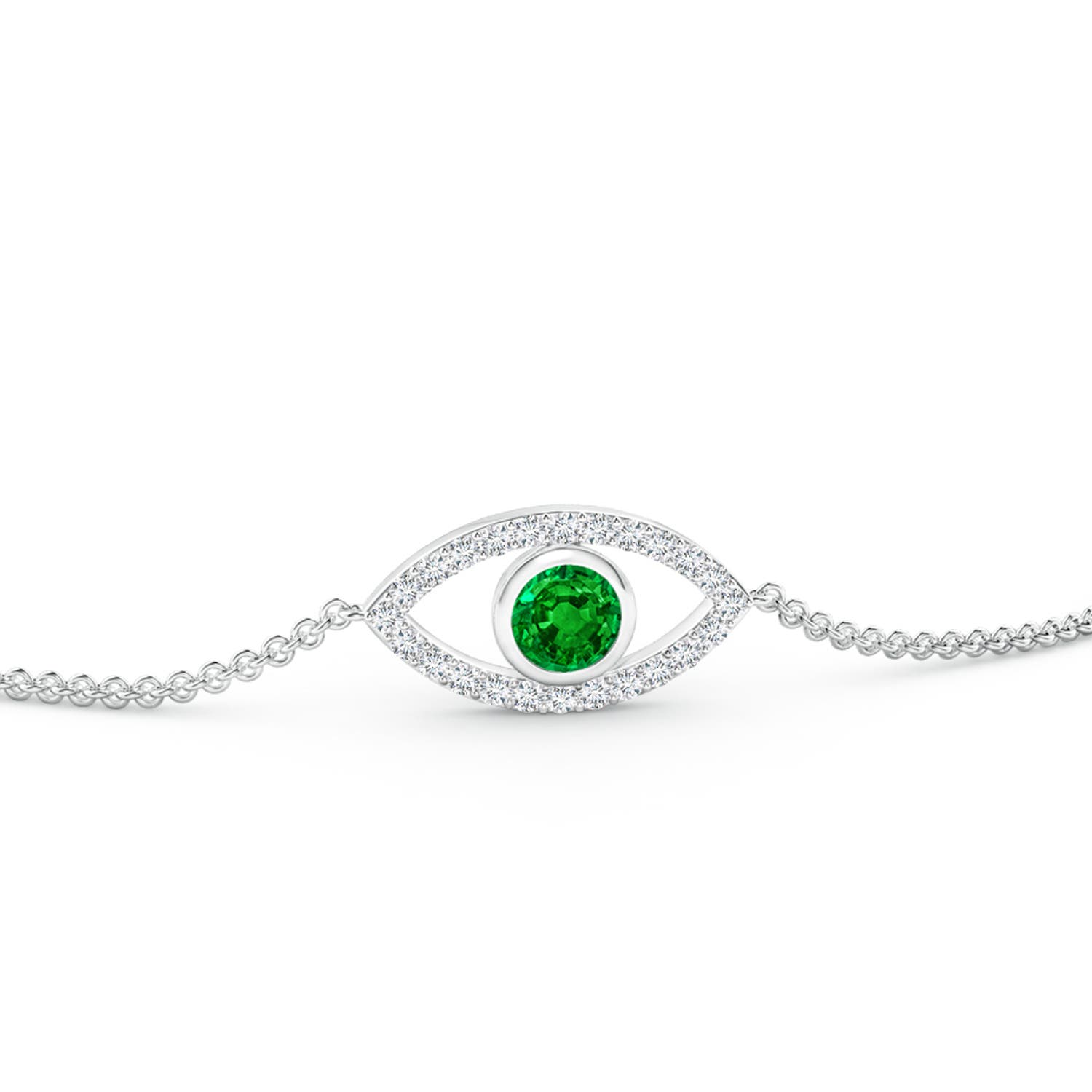3.5mm AAAA Bezel-Set Emerald and Diamond Evil Eye Bracelet in 18K White Gold