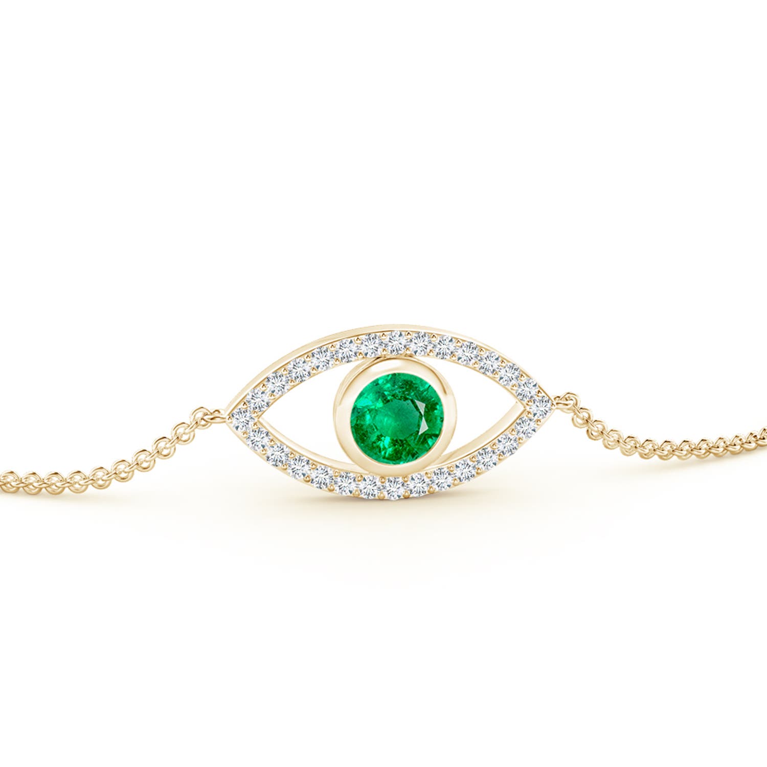 4.5mm AAA Bezel-Set Emerald and Diamond Evil Eye Bracelet in 18K Yellow Gold