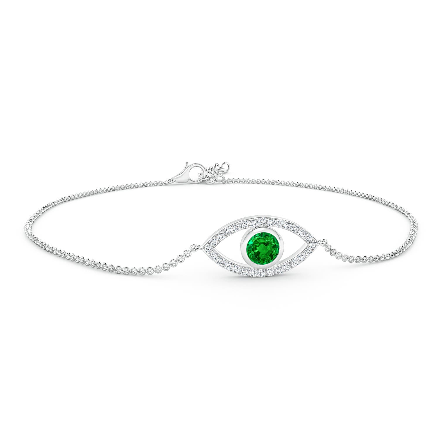 4.5mm AAAA Bezel-Set Emerald and Diamond Evil Eye Bracelet in White Gold