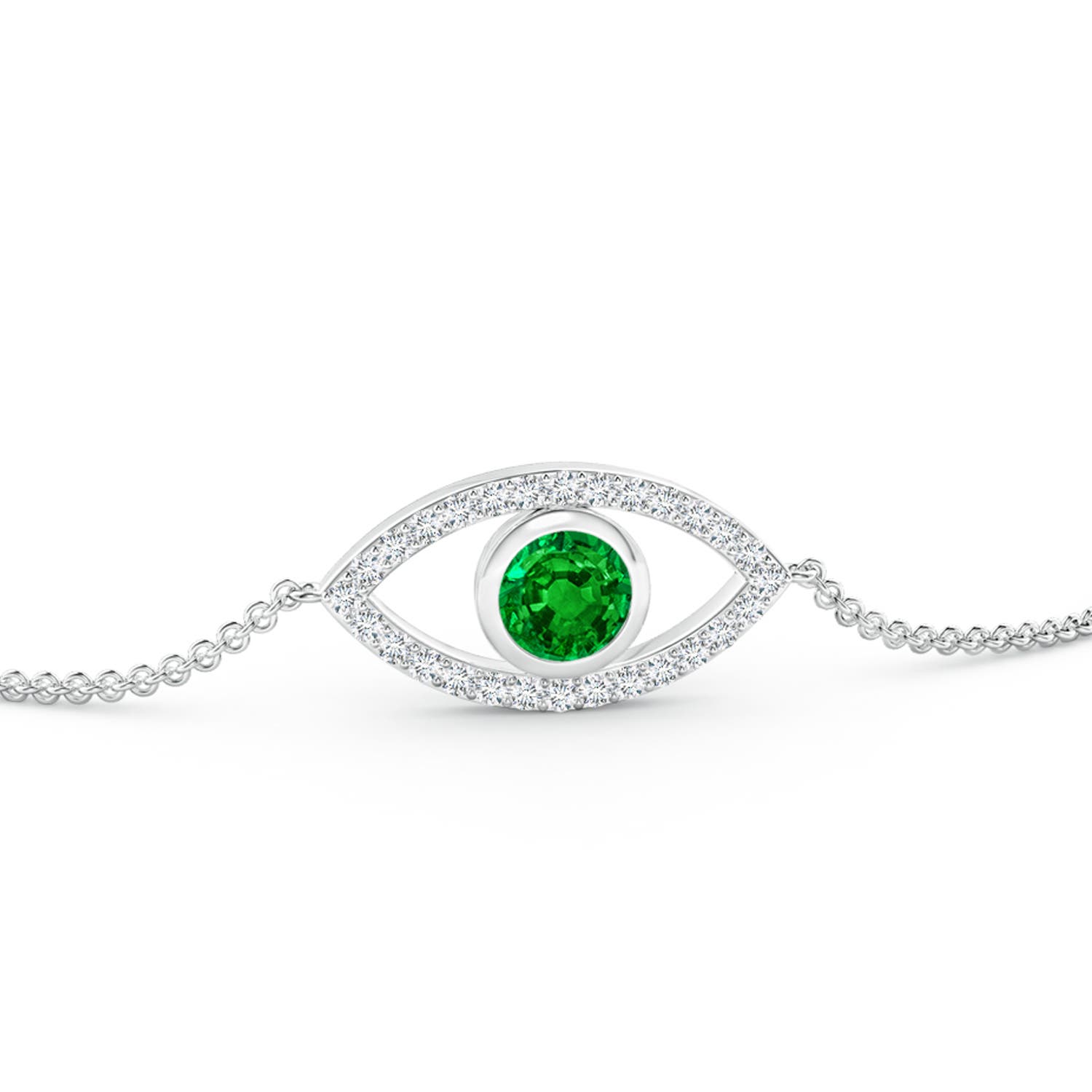 4.5mm AAAA Bezel-Set Emerald and Diamond Evil Eye Bracelet in White Gold