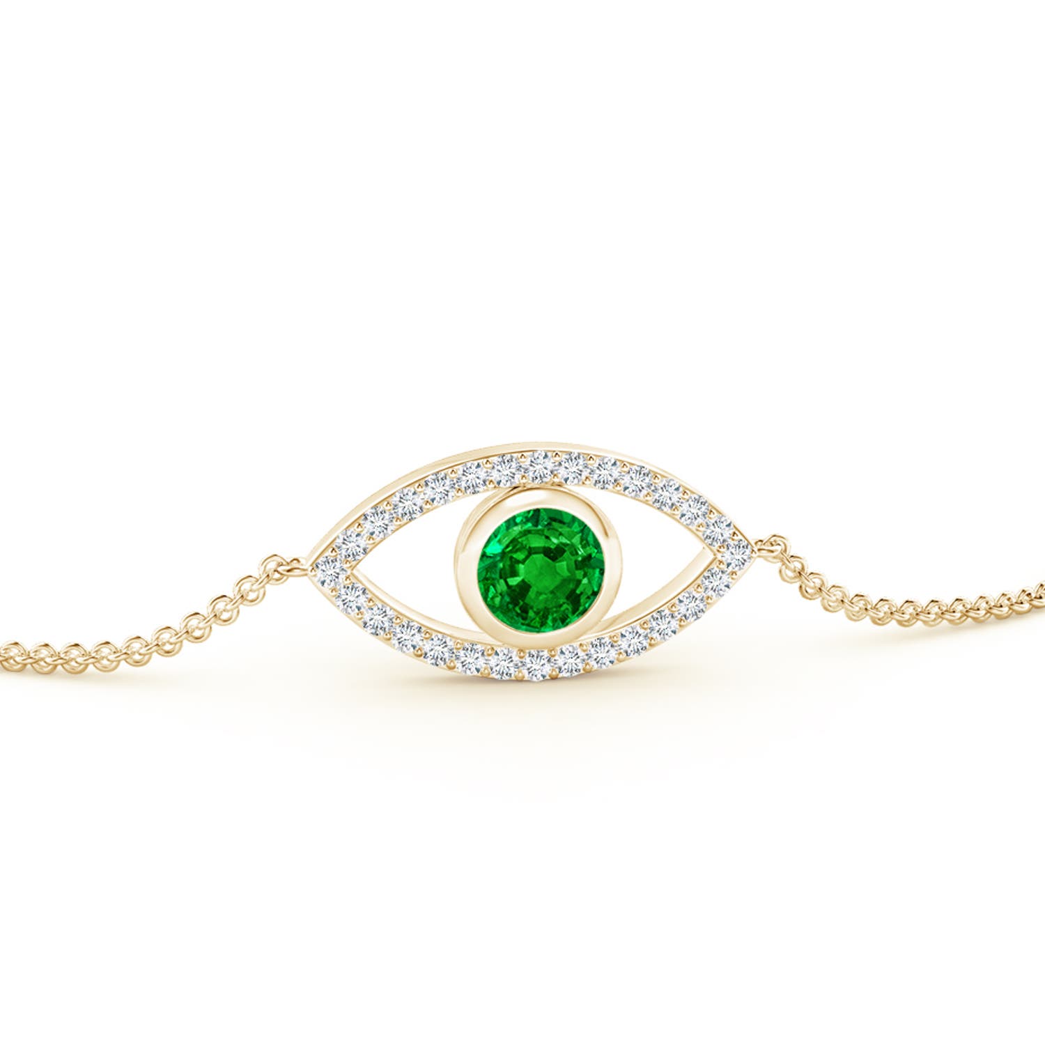 4.5mm AAAA Bezel-Set Emerald and Diamond Evil Eye Bracelet in Yellow Gold