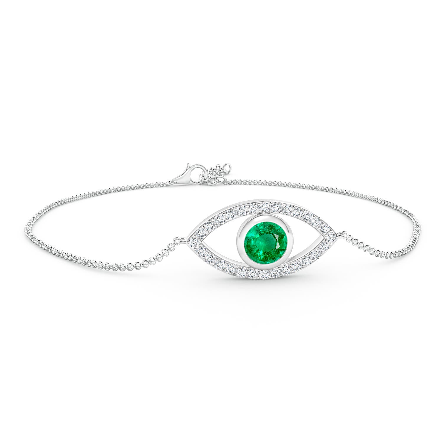 5.5mm AAA Bezel-Set Emerald and Diamond Evil Eye Bracelet in 18K White Gold