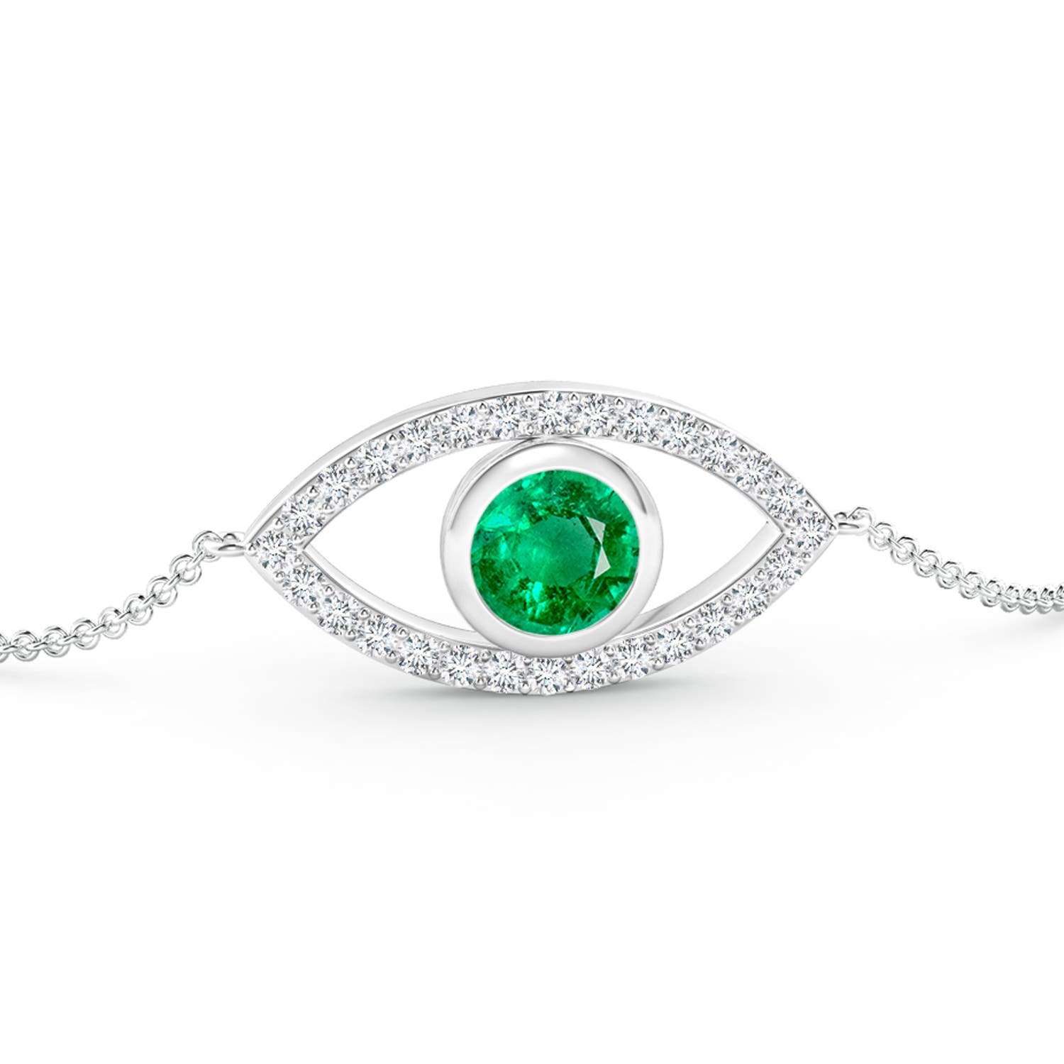 5.5mm AAA Bezel-Set Emerald and Diamond Evil Eye Bracelet in White Gold