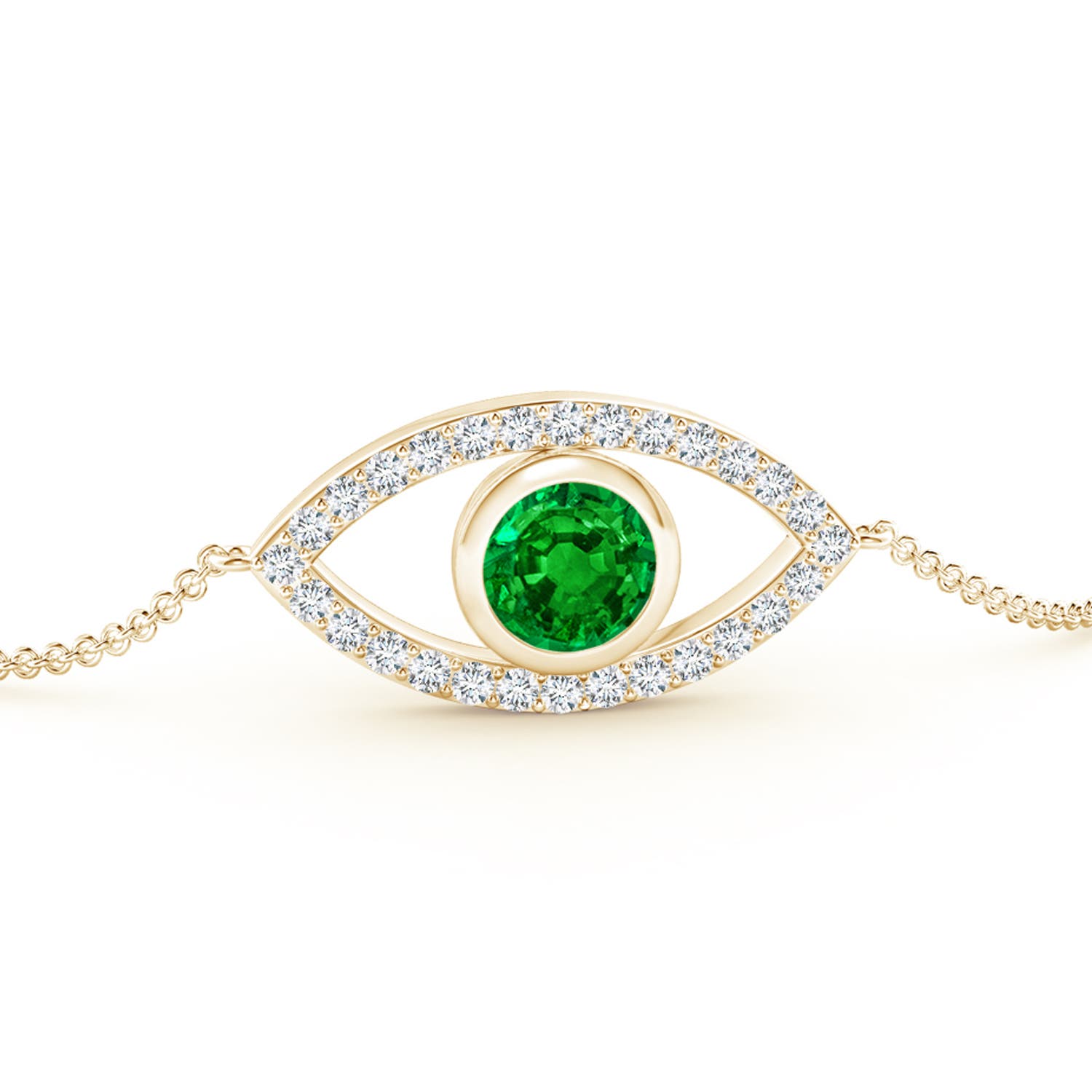 5.5mm AAAA Bezel-Set Emerald and Diamond Evil Eye Bracelet in 18K Yellow Gold