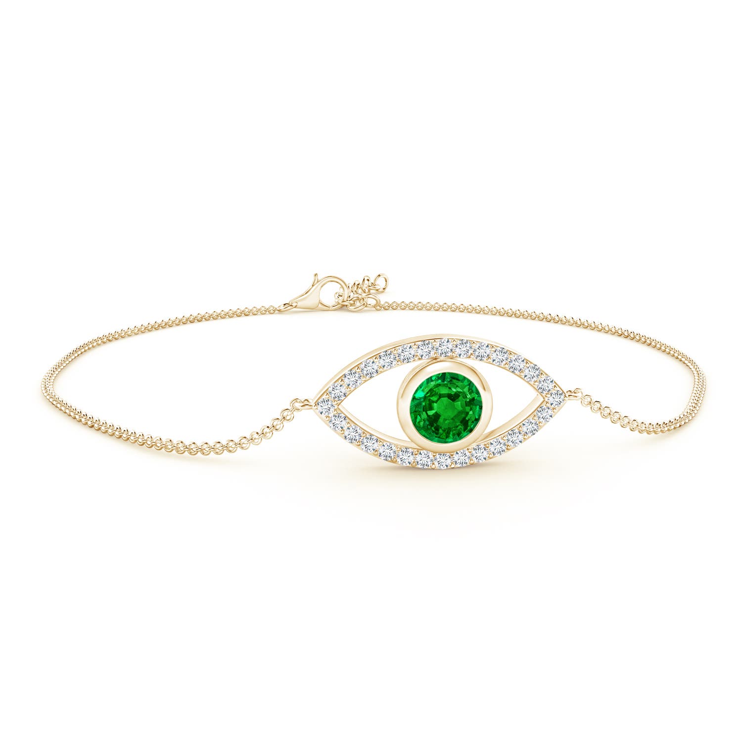 5.5mm AAAA Bezel-Set Emerald and Diamond Evil Eye Bracelet in Yellow Gold