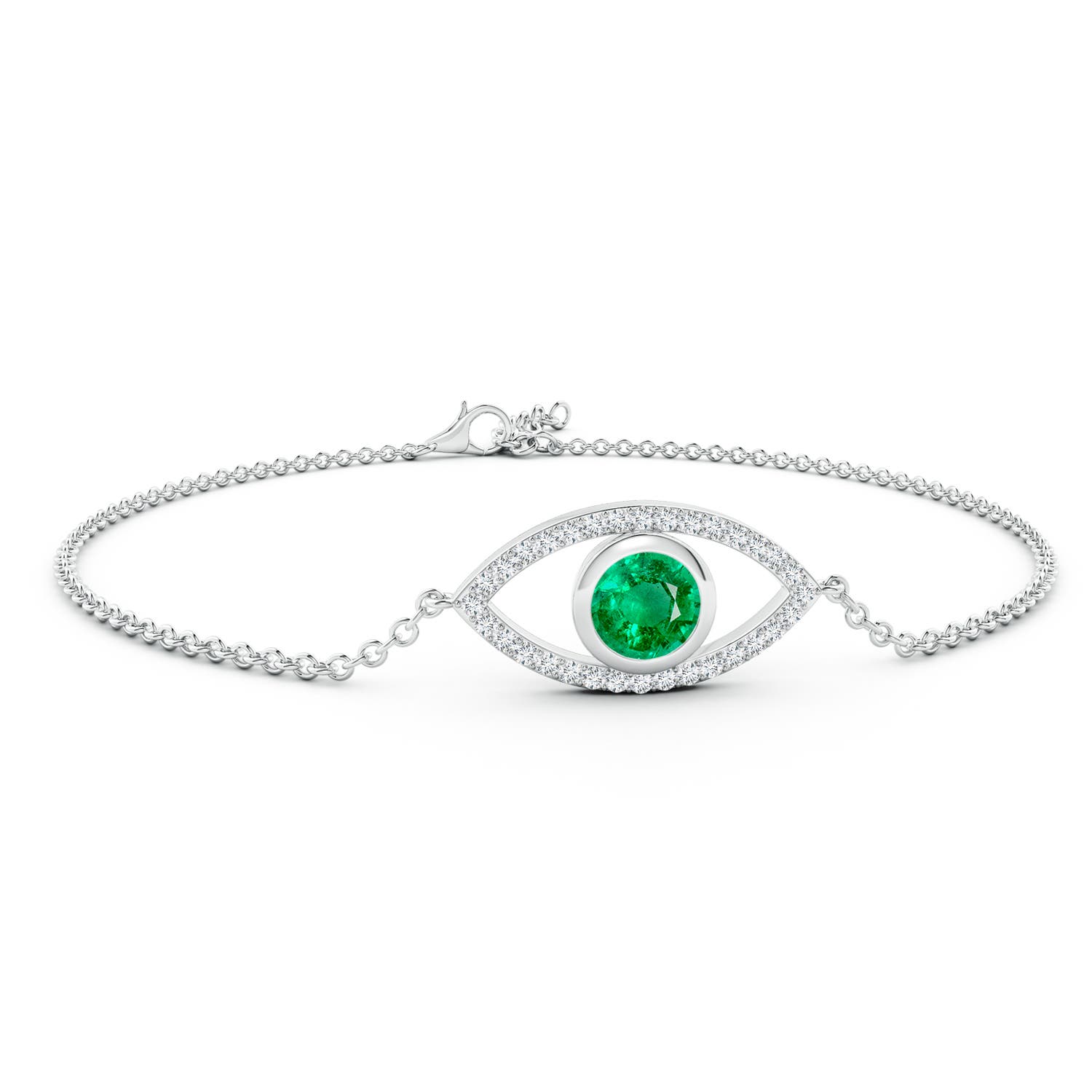 6mm AAA Bezel-Set Emerald and Diamond Evil Eye Bracelet in 18K White Gold