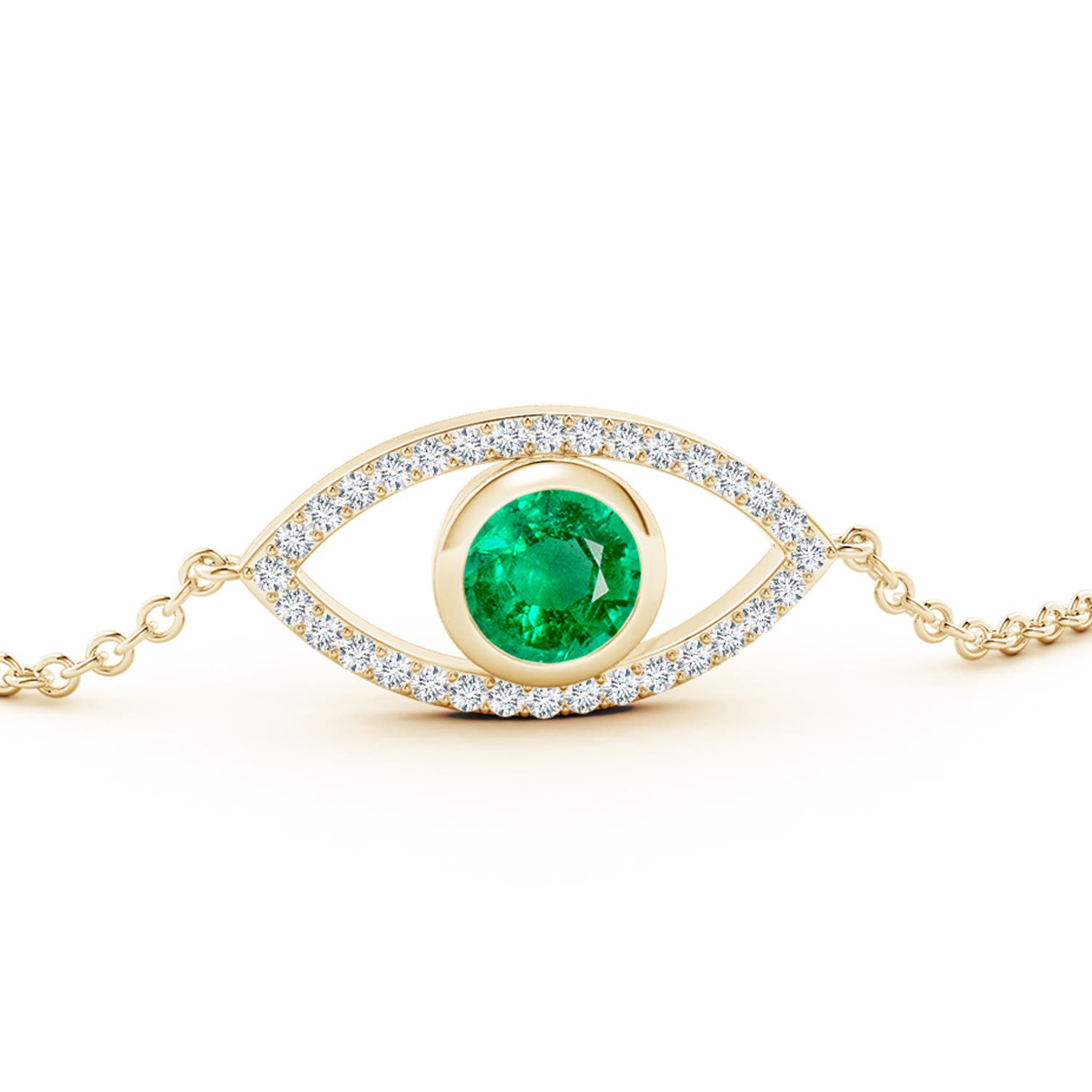 6mm AAA Bezel-Set Emerald and Diamond Evil Eye Bracelet in 18K Yellow Gold