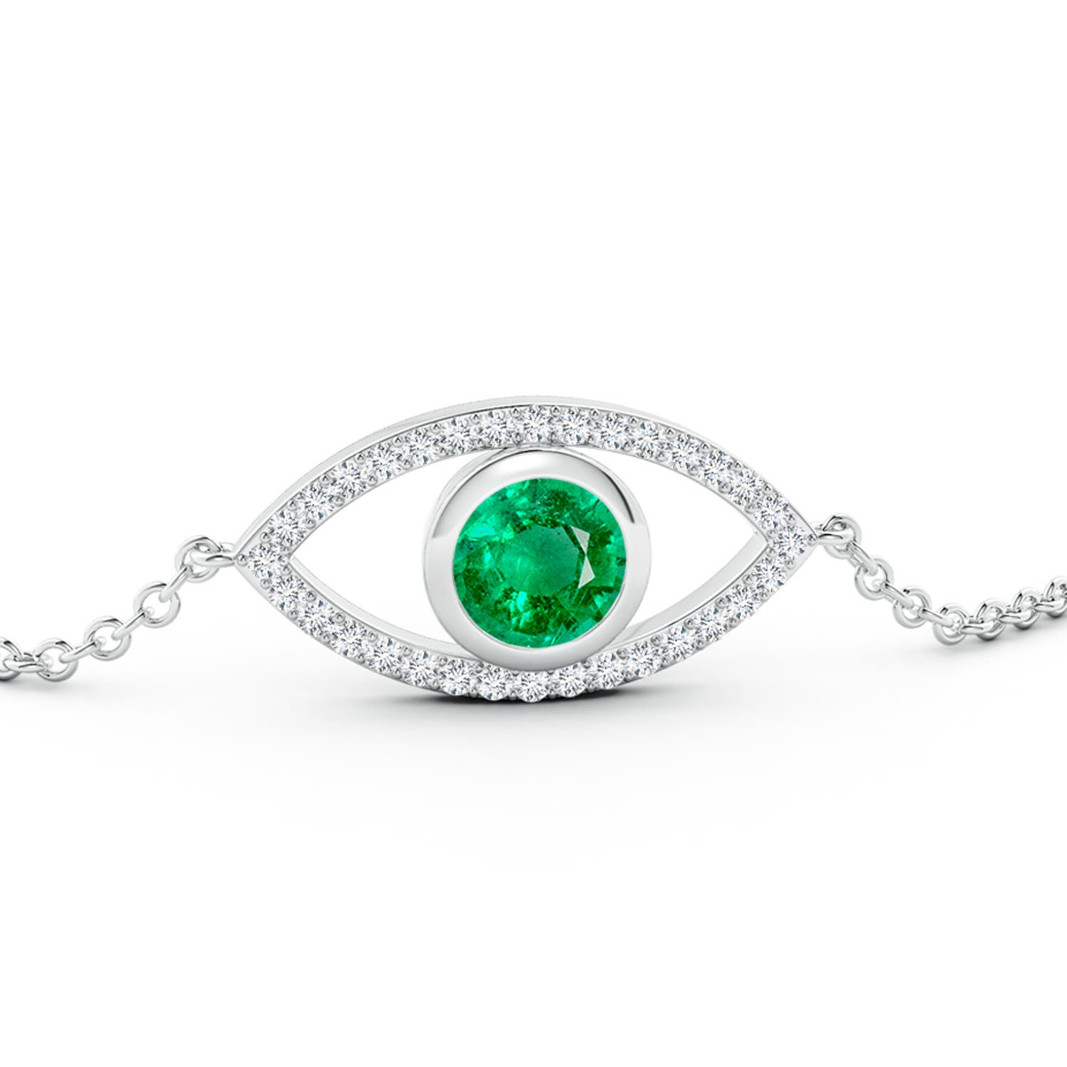 6mm AAA Bezel-Set Emerald and Diamond Evil Eye Bracelet in White Gold
