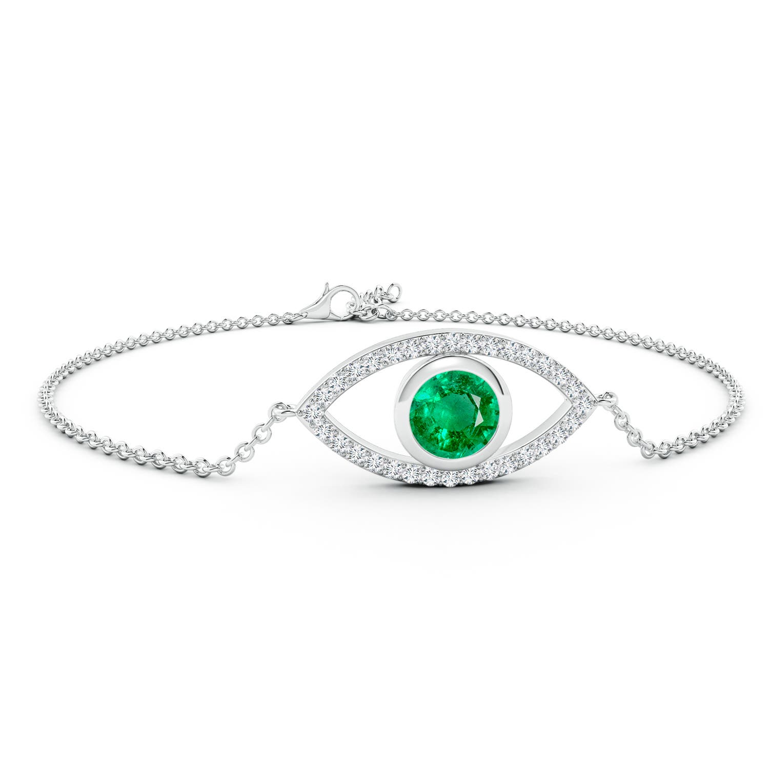 7mm AAA Bezel-Set Emerald and Diamond Evil Eye Bracelet in 18K White Gold