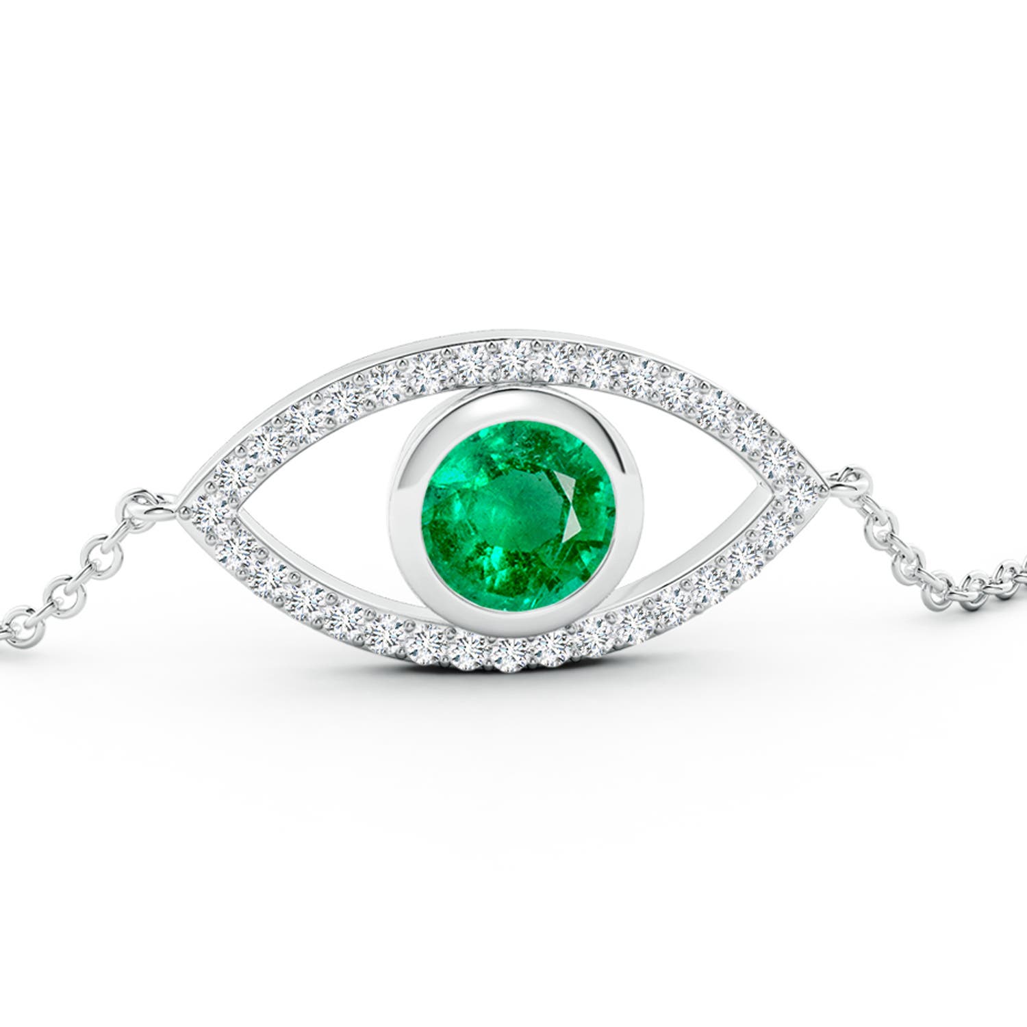 7mm AAA Bezel-Set Emerald and Diamond Evil Eye Bracelet in 18K White Gold