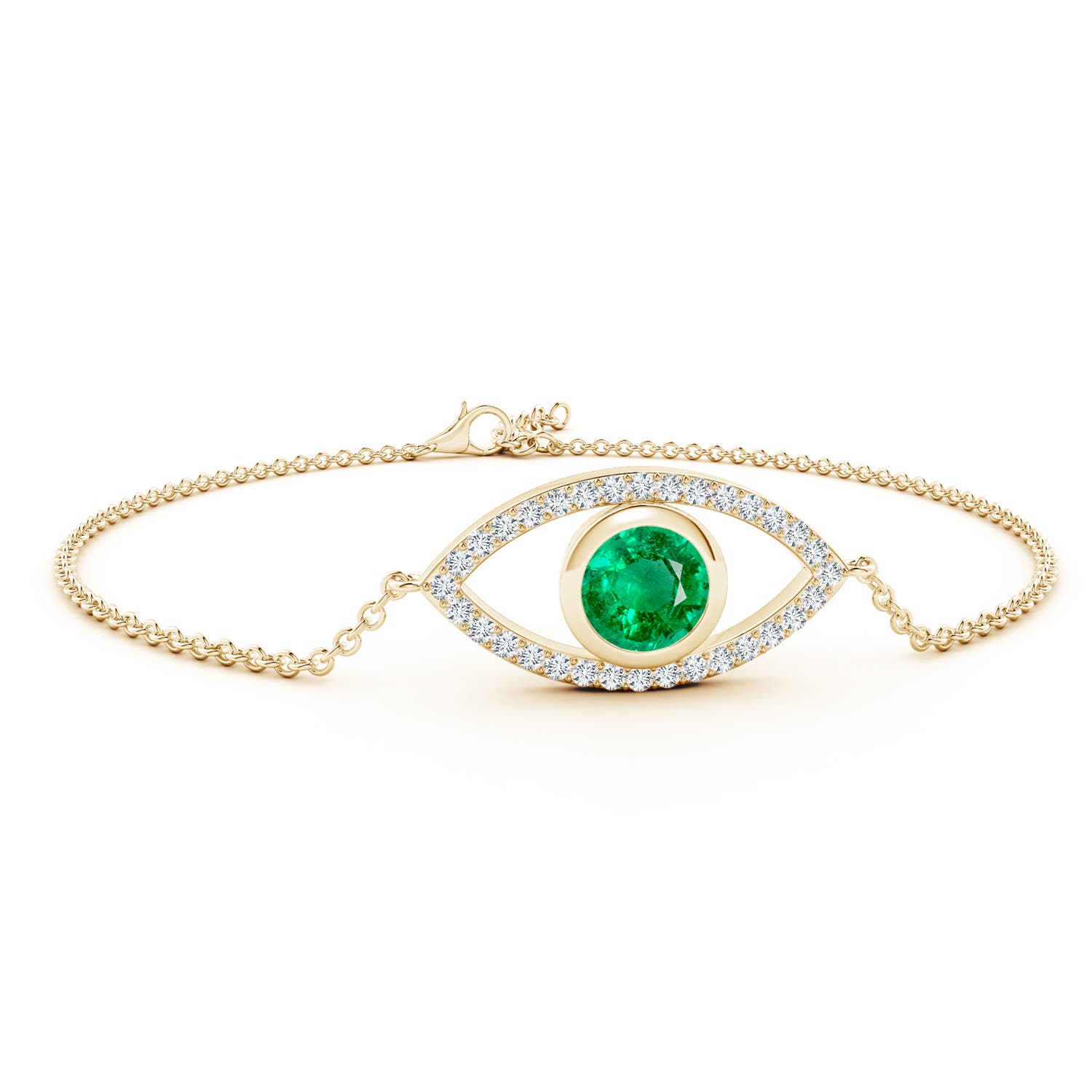 7mm AAA Bezel-Set Emerald and Diamond Evil Eye Bracelet in Yellow Gold