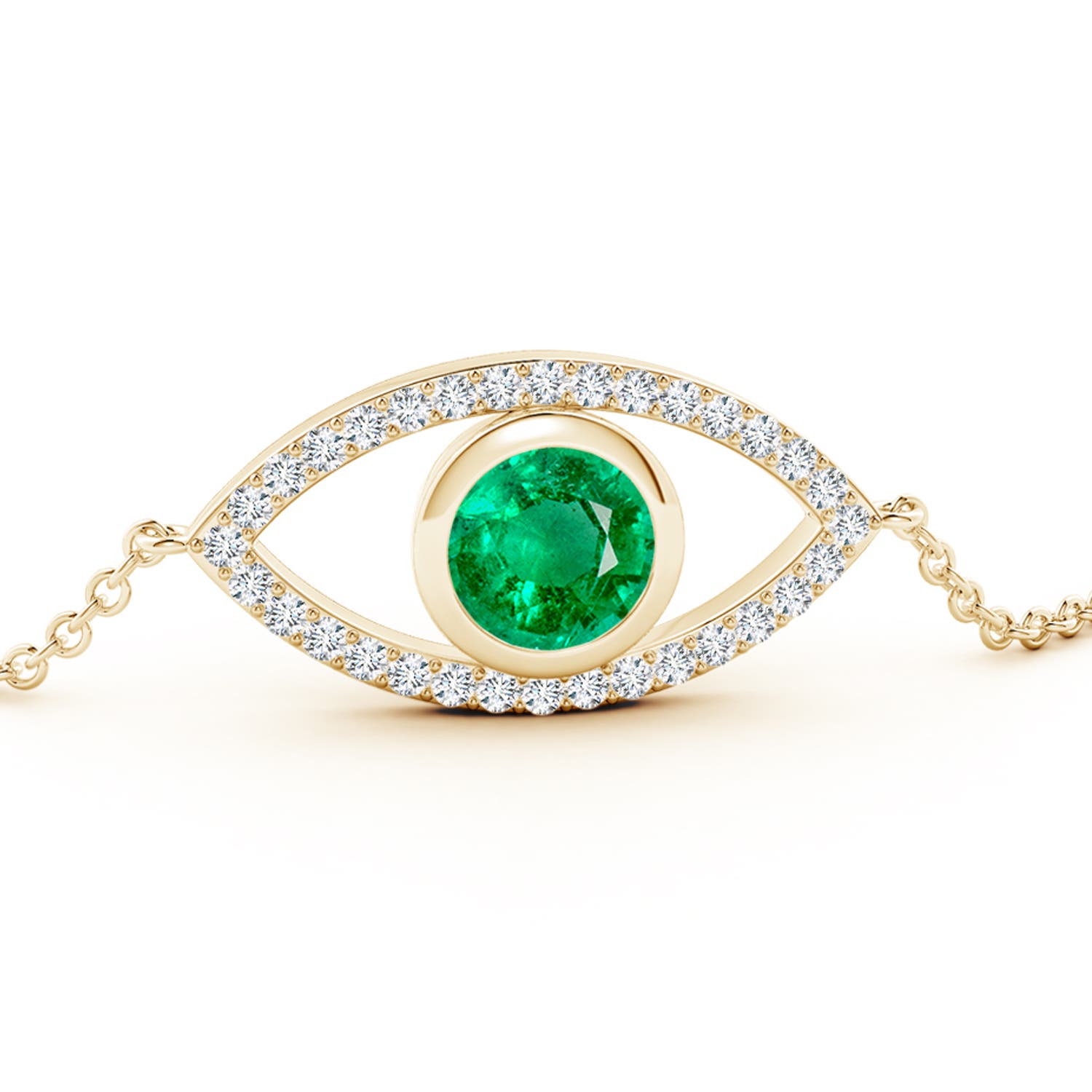 7mm AAA Bezel-Set Emerald and Diamond Evil Eye Bracelet in Yellow Gold